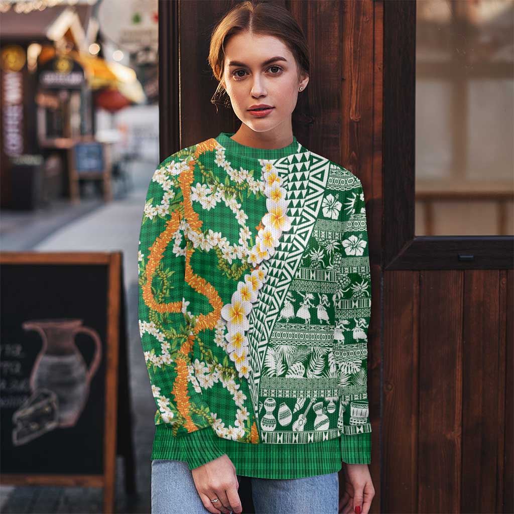 Hawaiian Plumeria Lei Ugly Christmas Sweater Kakau Motifs and Palaka Half Style Green Color LT03 - Polynesian Pride