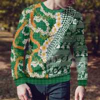 Hawaiian Plumeria Lei Ugly Christmas Sweater Kakau Motifs and Palaka Half Style Green Color LT03 - Polynesian Pride