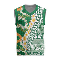 Hawaiian Plumeria Lei Christmas Knitted V-Neck Vest Kakau Motifs and Palaka Half Style Green Color LT03 Green - Polynesian Pride