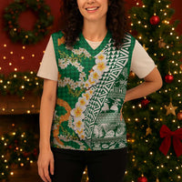 Hawaiian Plumeria Lei Christmas Knitted V-Neck Vest Kakau Motifs and Palaka Half Style Green Color LT03 - Polynesian Pride