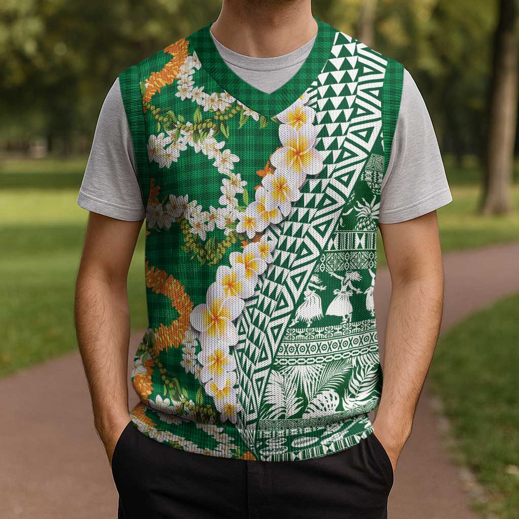 Hawaiian Plumeria Lei Christmas Knitted V-Neck Vest Kakau Motifs and Palaka Half Style Green Color LT03 - Polynesian Pride