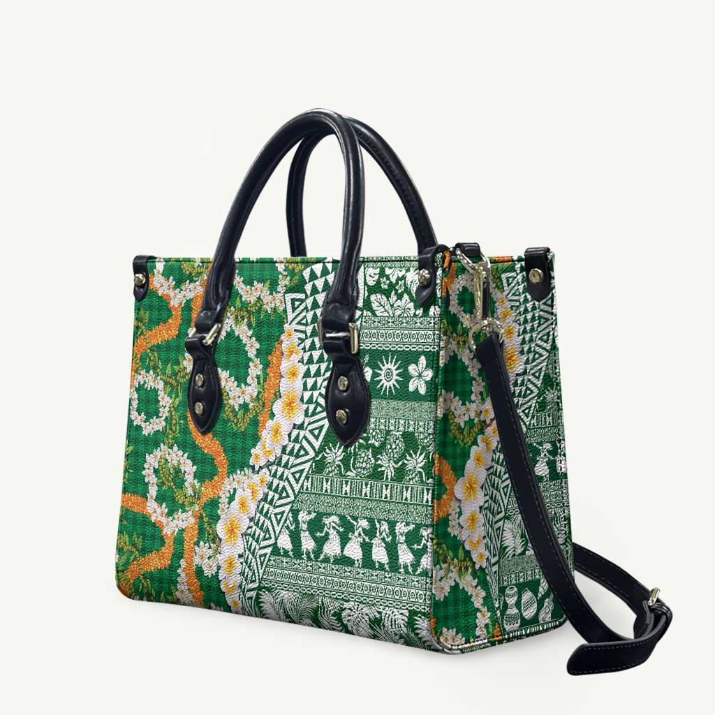 Hawaiian Plumeria Lei Leather Bag Kakau Motifs and Palaka Half Style Green Color LT03 Green - Polynesian Pride