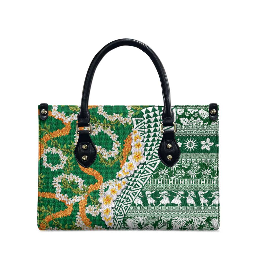Hawaiian Plumeria Lei Leather Bag Kakau Motifs and Palaka Half Style Green Color LT03 - Polynesian Pride