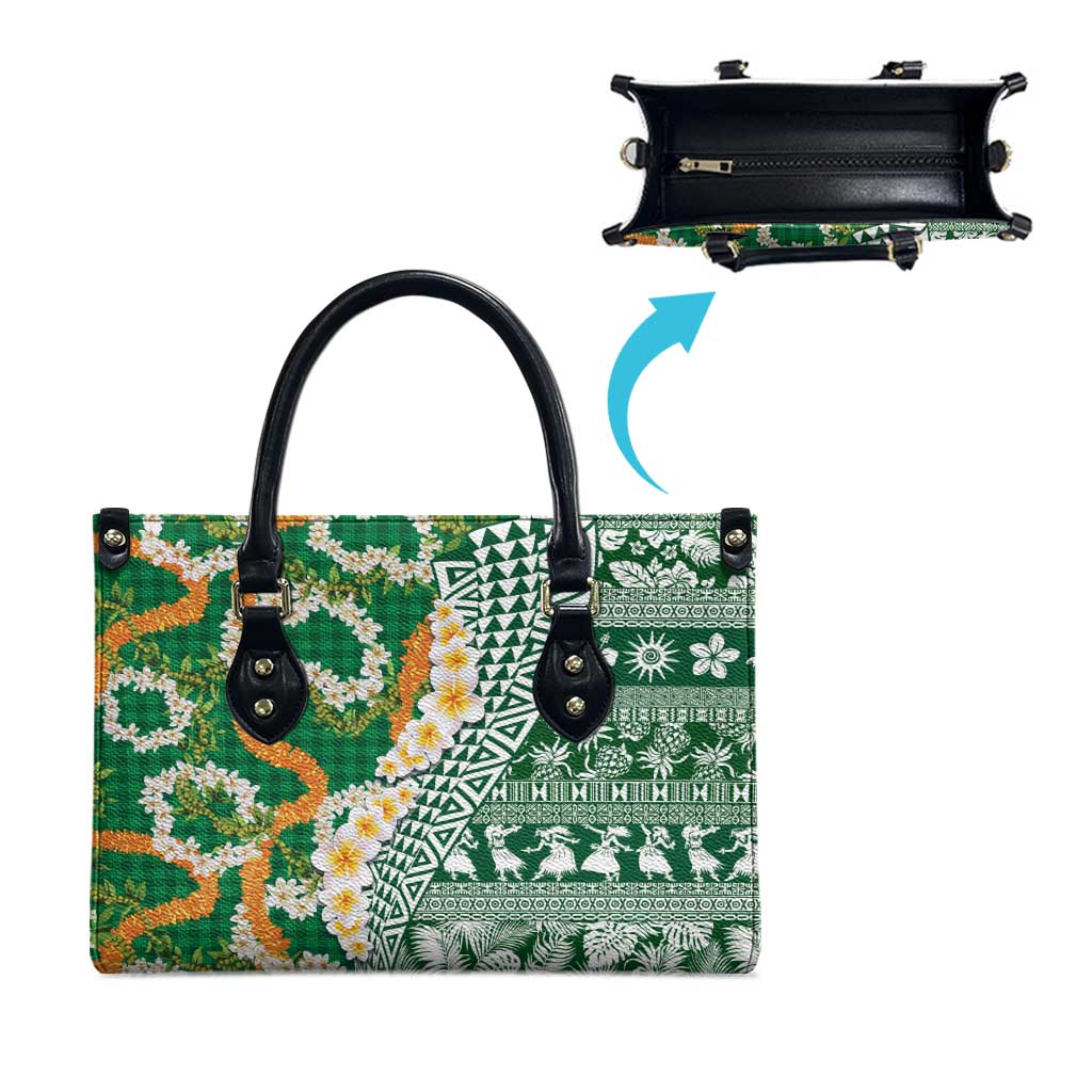 Hawaiian Plumeria Lei Leather Bag Kakau Motifs and Palaka Half Style Green Color LT03 - Polynesian Pride