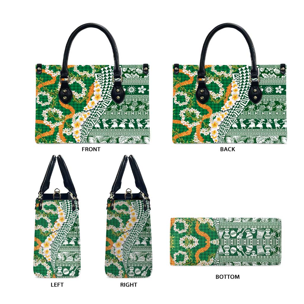 Hawaiian Plumeria Lei Leather Bag Kakau Motifs and Palaka Half Style Green Color LT03 - Polynesian Pride