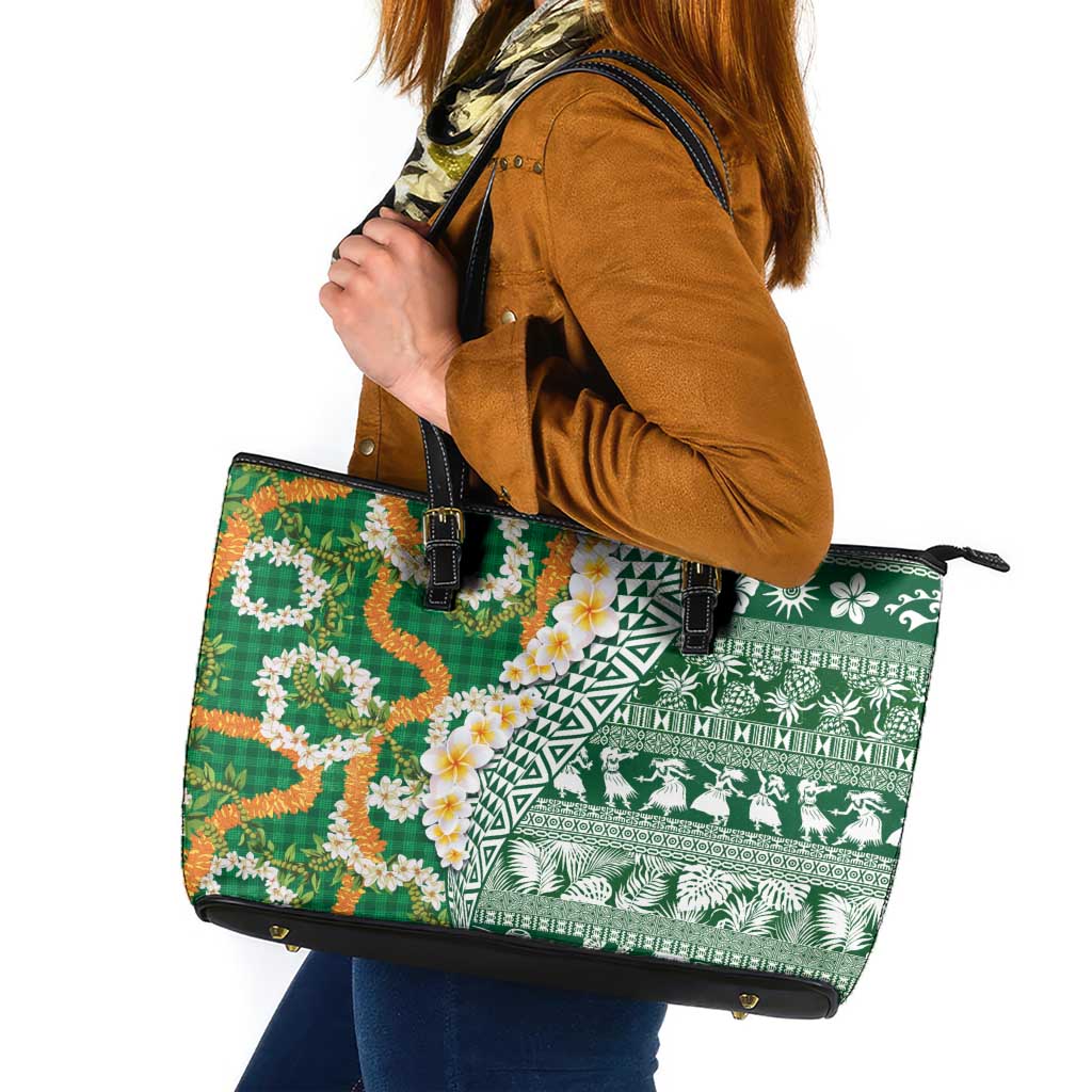 Hawaiian Plumeria Lei Leather Tote Bag Kakau Motifs and Palaka Half Style Green Color LT03 Green - Polynesian Pride