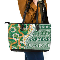 Hawaiian Plumeria Lei Leather Tote Bag Kakau Motifs and Palaka Half Style Green Color LT03 - Polynesian Pride
