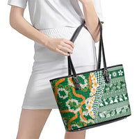 Hawaiian Plumeria Lei Leather Tote Bag Kakau Motifs and Palaka Half Style Green Color LT03 - Polynesian Pride