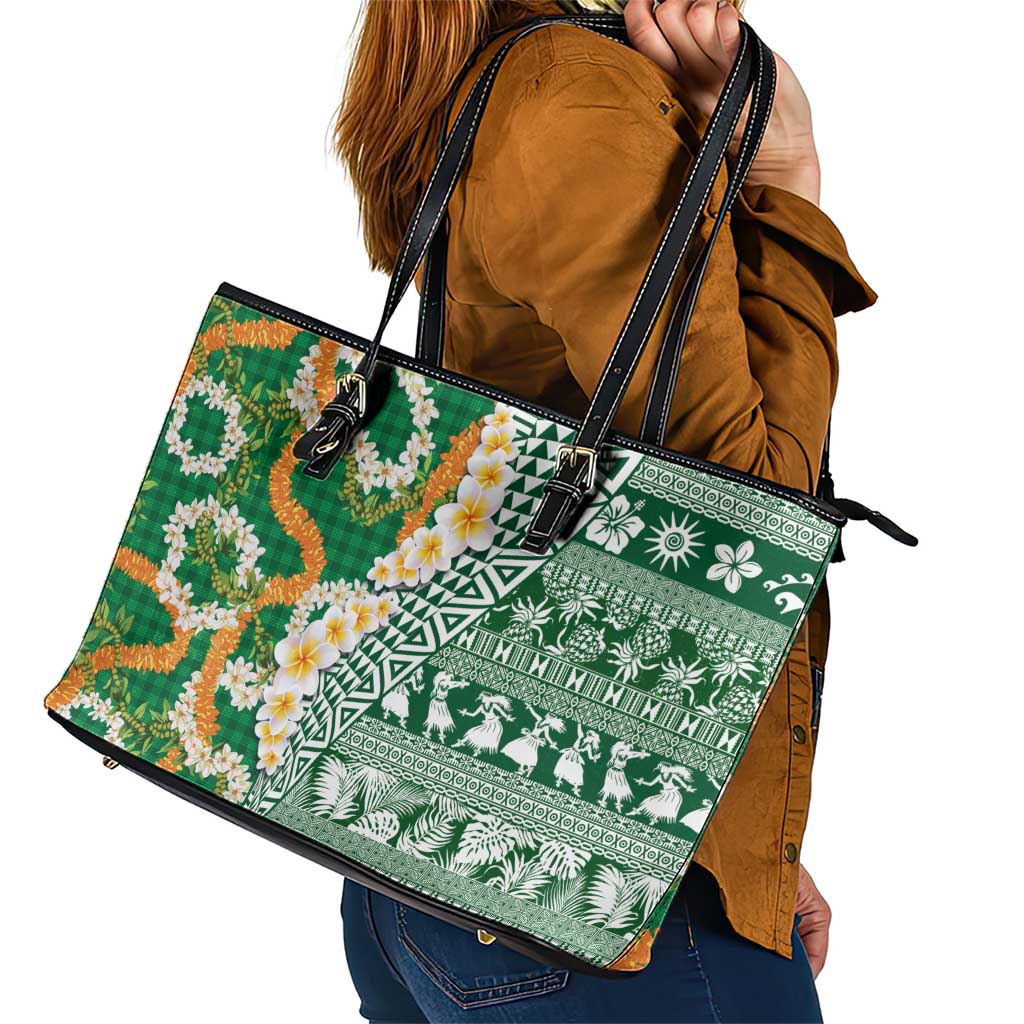 Hawaiian Plumeria Lei Leather Tote Bag Kakau Motifs and Palaka Half Style Green Color LT03 - Polynesian Pride
