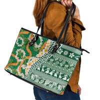 Hawaiian Plumeria Lei Leather Tote Bag Kakau Motifs and Palaka Half Style Green Color LT03 - Polynesian Pride