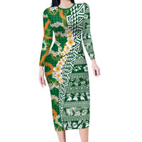 Hawaiian Plumeria Lei Long Sleeve Bodycon Dress Kakau Motifs and Palaka Half Style Green Color LT03 Long Dress Green - Polynesian Pride