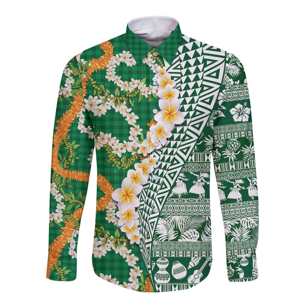 Hawaiian Plumeria Lei Long Sleeve Button Shirt Kakau Motifs and Palaka Half Style Green Color LT03 Unisex Green - Polynesian Pride