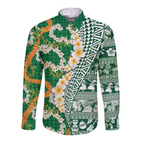 Hawaiian Plumeria Lei Long Sleeve Button Shirt Kakau Motifs and Palaka Half Style Green Color LT03 Unisex Green - Polynesian Pride