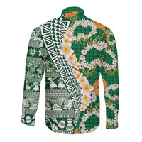 Hawaiian Plumeria Lei Long Sleeve Button Shirt Kakau Motifs and Palaka Half Style Green Color LT03 - Polynesian Pride