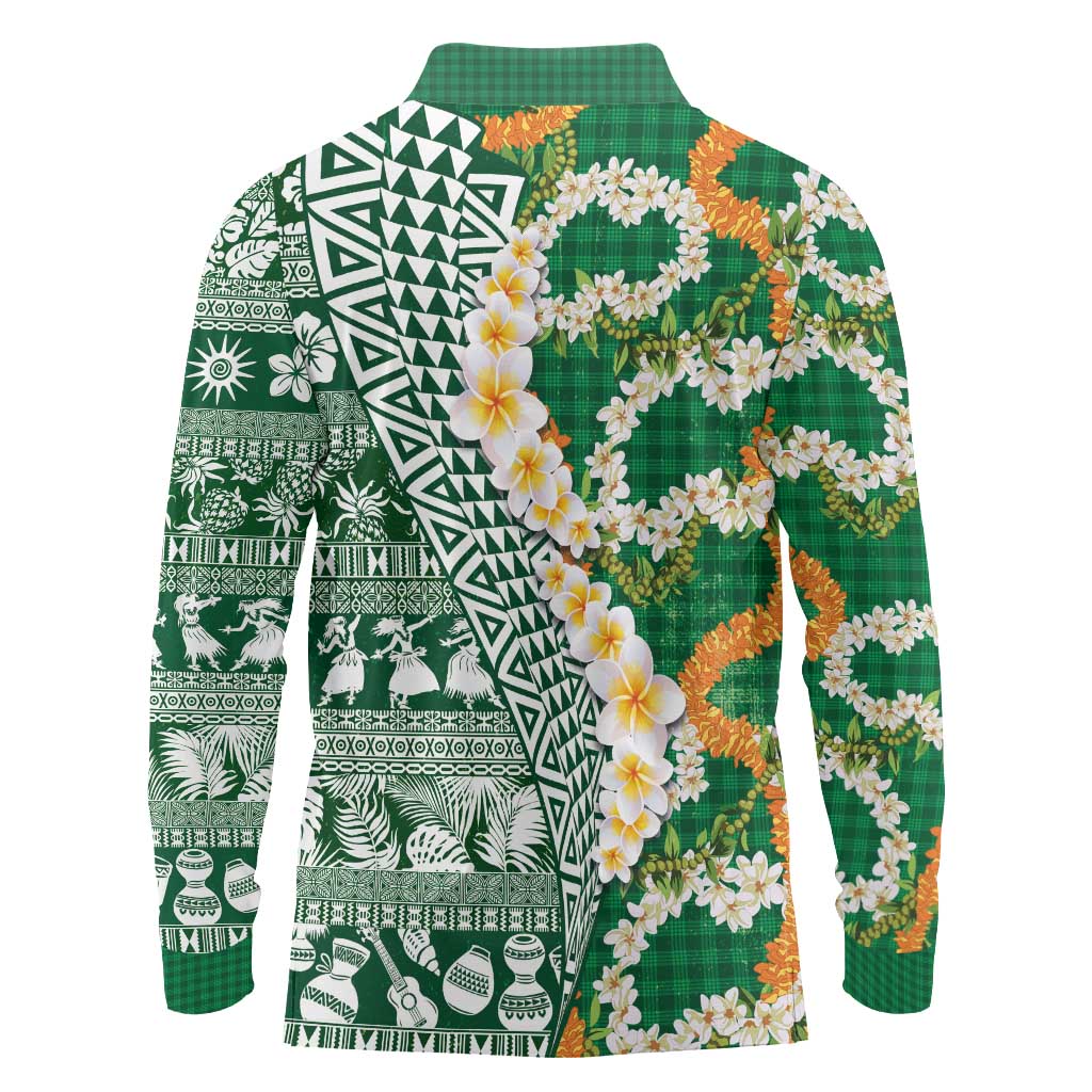 Hawaiian Plumeria Lei Long Sleeve Polo Shirt Kakau Motifs and Palaka Half Style Green Color LT03 - Polynesian Pride