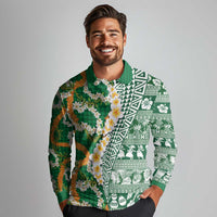Hawaiian Plumeria Lei Long Sleeve Polo Shirt Kakau Motifs and Palaka Half Style Green Color LT03 - Polynesian Pride