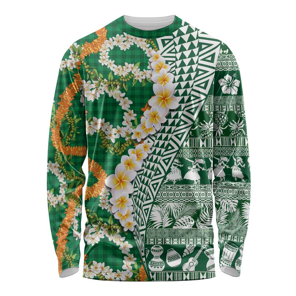 Hawaiian Plumeria Lei Long Sleeve Shirt Kakau Motifs and Palaka Half Style Green Color LT03 Unisex Green - Polynesian Pride
