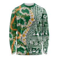 Hawaiian Plumeria Lei Long Sleeve Shirt Kakau Motifs and Palaka Half Style Green Color LT03 Unisex Green - Polynesian Pride