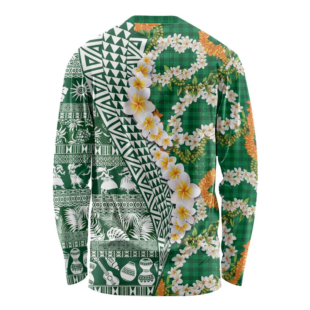 Hawaiian Plumeria Lei Long Sleeve Shirt Kakau Motifs and Palaka Half Style Green Color LT03 - Polynesian Pride