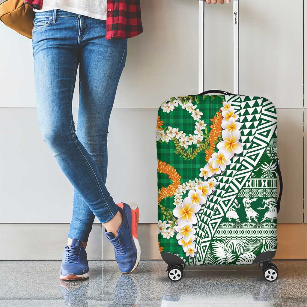 Hawaiian Plumeria Lei Luggage Cover Kakau Motifs and Palaka Half Style Green Color LT03 - Polynesian Pride