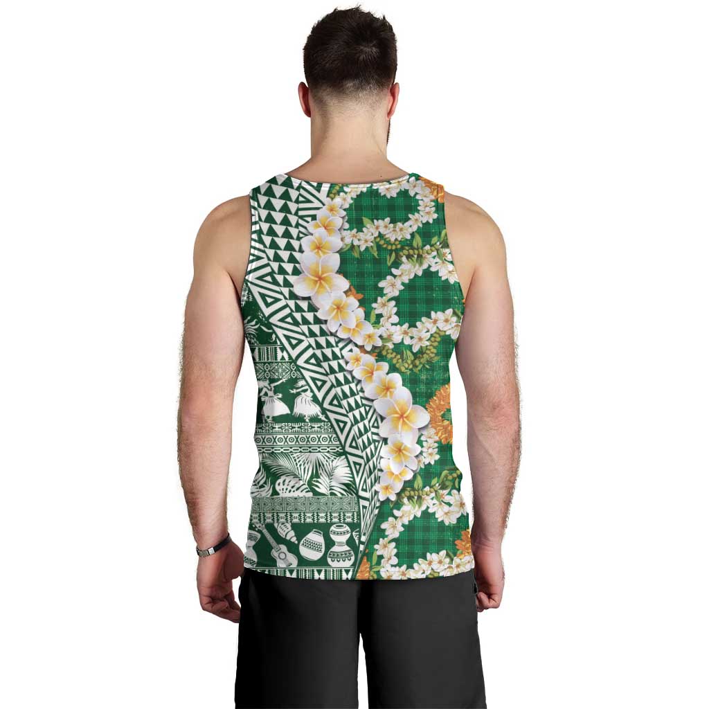 Hawaiian Plumeria Lei Men Tank Top Kakau Motifs and Palaka Half Style Green Color LT03 - Polynesian Pride