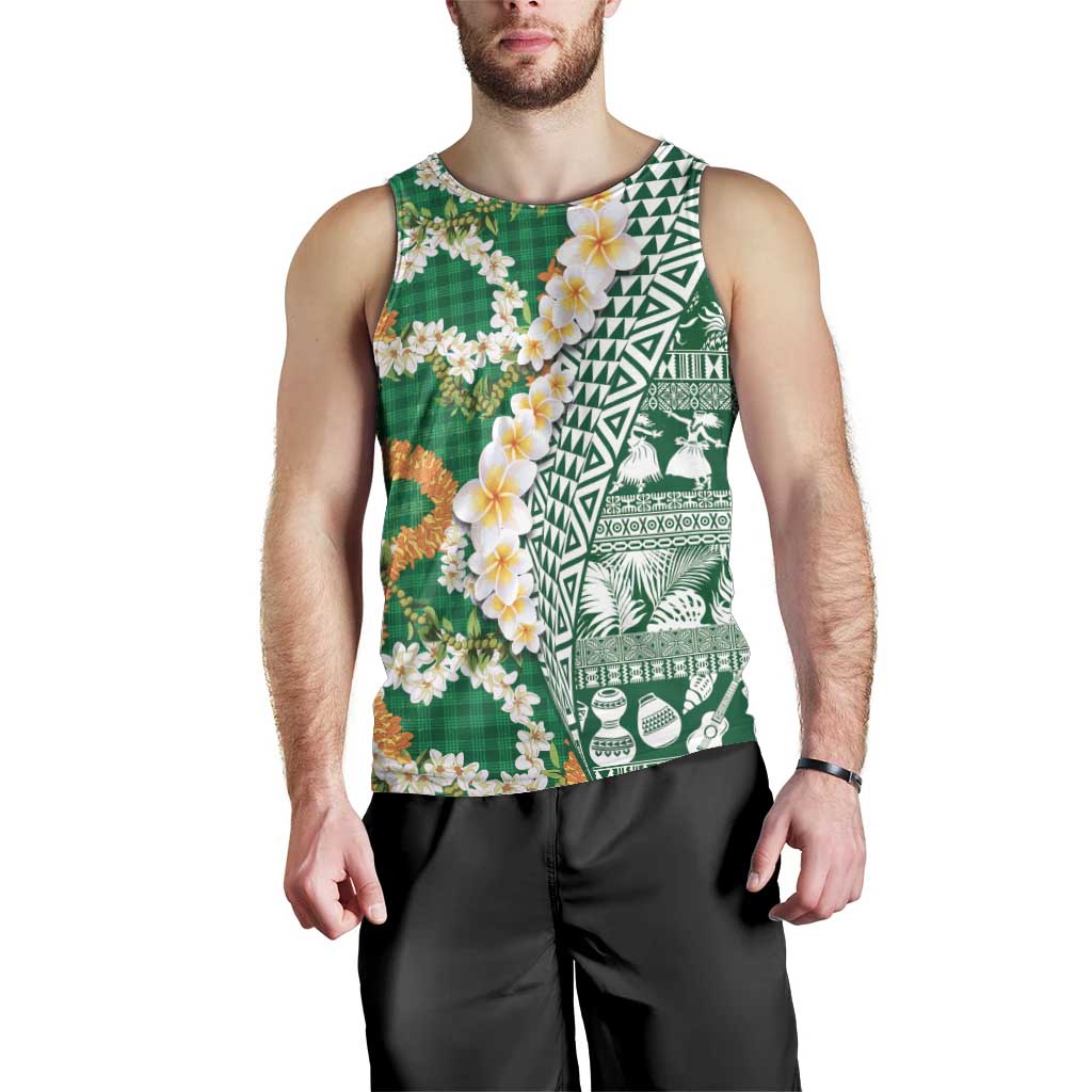 Hawaiian Plumeria Lei Men Tank Top Kakau Motifs and Palaka Half Style Green Color LT03 - Polynesian Pride