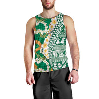 Hawaiian Plumeria Lei Men Tank Top Kakau Motifs and Palaka Half Style Green Color LT03 - Polynesian Pride
