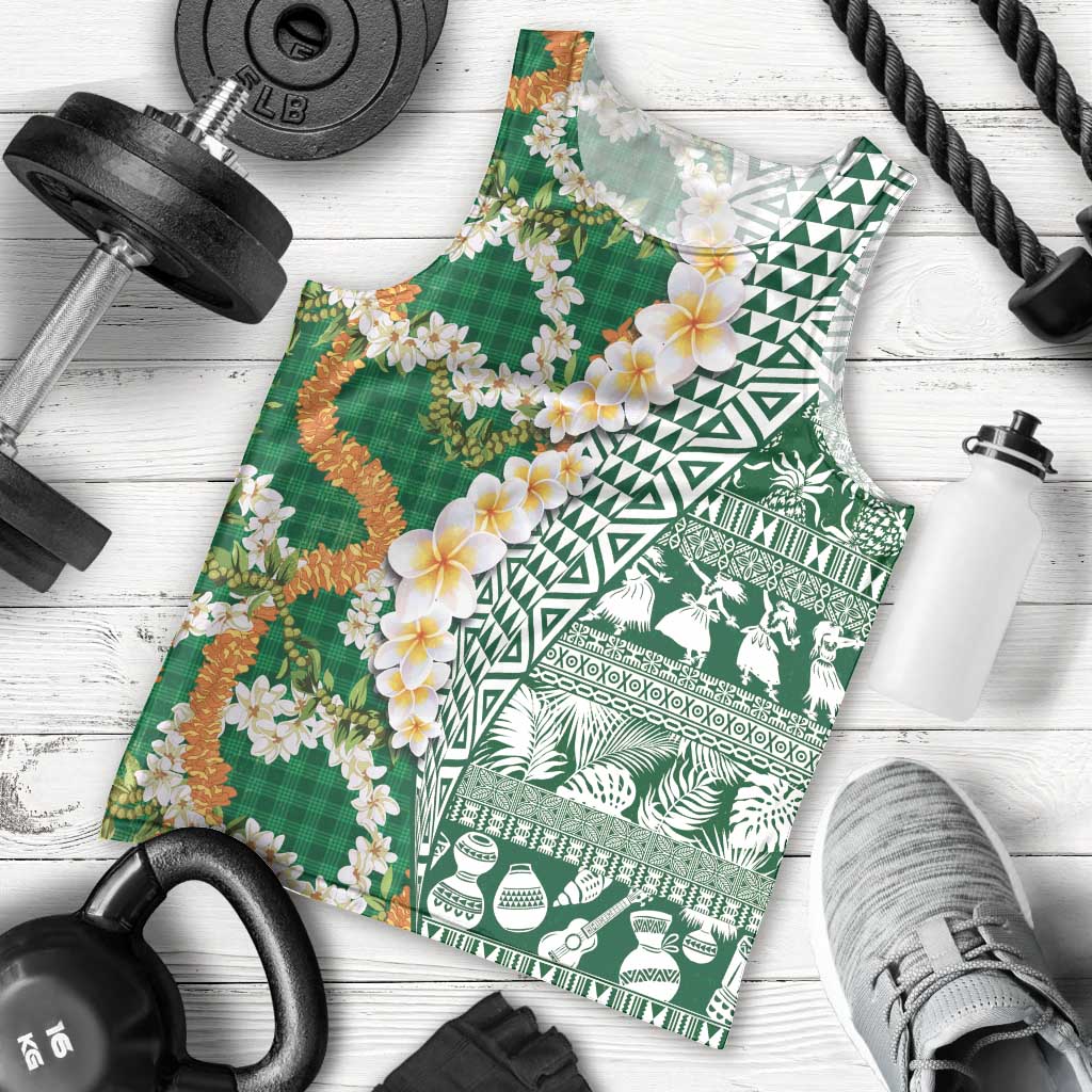 Hawaiian Plumeria Lei Men Tank Top Kakau Motifs and Palaka Half Style Green Color LT03 - Polynesian Pride