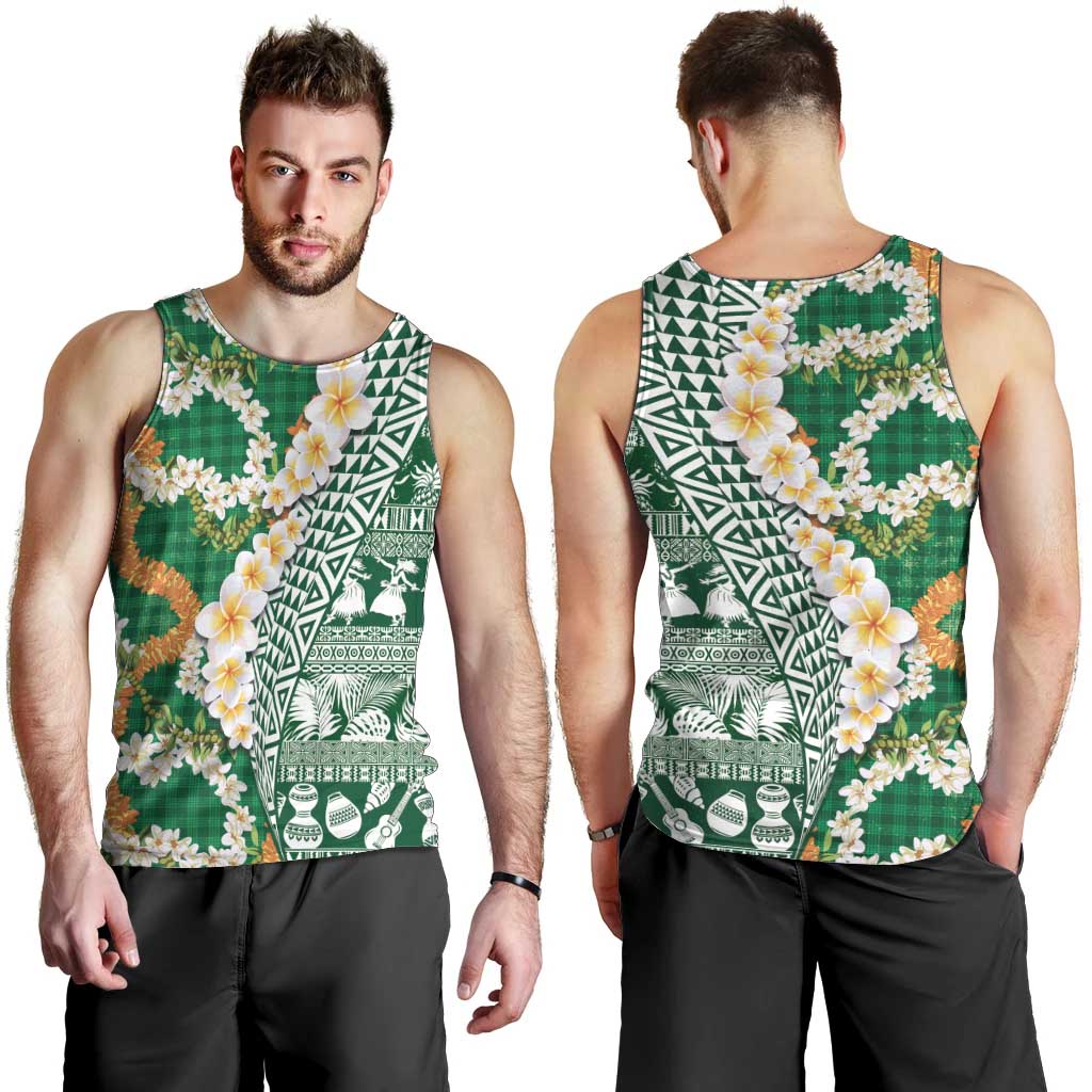 Hawaiian Plumeria Lei Men Tank Top Kakau Motifs and Palaka Half Style Green Color LT03 - Polynesian Pride