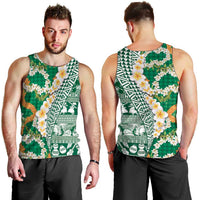 Hawaiian Plumeria Lei Men Tank Top Kakau Motifs and Palaka Half Style Green Color LT03 - Polynesian Pride
