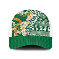 Hawaiian Plumeria Lei Mesh Trucker Cap Kakau Motifs and Palaka Half Style Green Color LT03 One Size White Green - Polynesian Pride