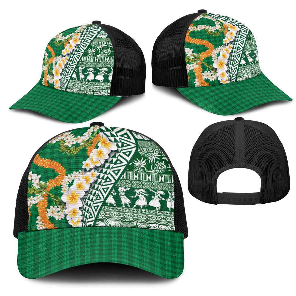 Hawaiian Plumeria Lei Mesh Trucker Cap Kakau Motifs and Palaka Half Style Green Color LT03 - Polynesian Pride