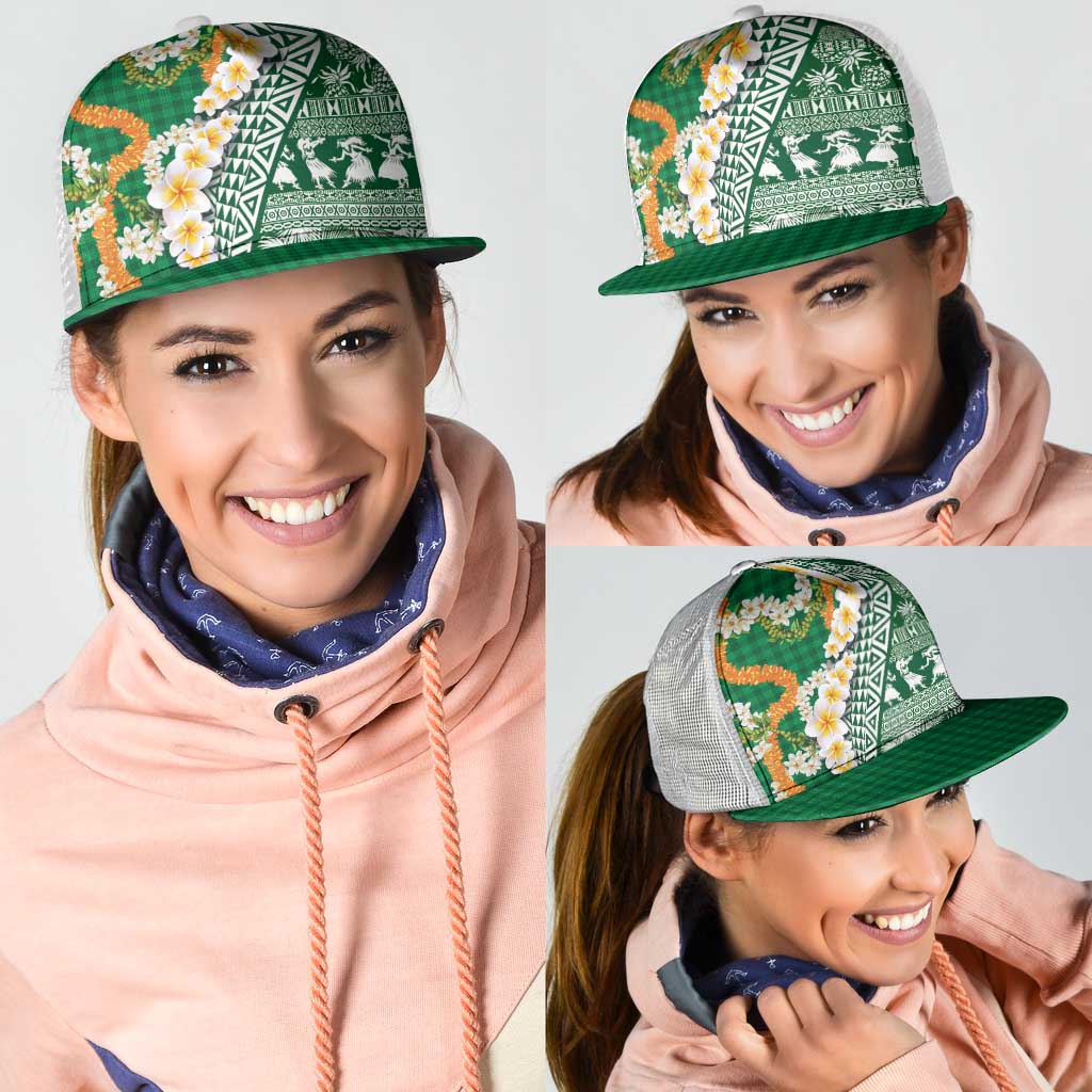 Hawaiian Plumeria Lei Mesh Trucker Cap Kakau Motifs and Palaka Half Style Green Color LT03 - Polynesian Pride