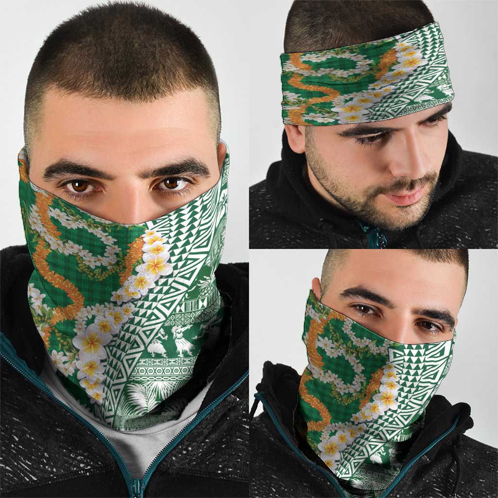 Hawaiian Plumeria Lei Neck Gaiter Kakau Motifs and Palaka Half Style Green Color LT03 - Polynesian Pride