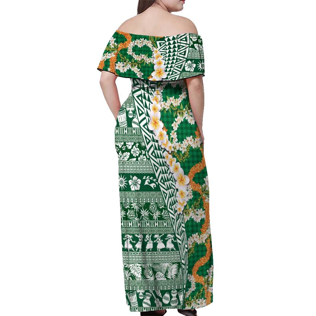Hawaiian Plumeria Lei Off Shoulder Maxi Dress Kakau Motifs and Palaka Half Style Green Color LT03 - Polynesian Pride