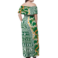 Hawaiian Plumeria Lei Off Shoulder Maxi Dress Kakau Motifs and Palaka Half Style Green Color LT03 - Polynesian Pride