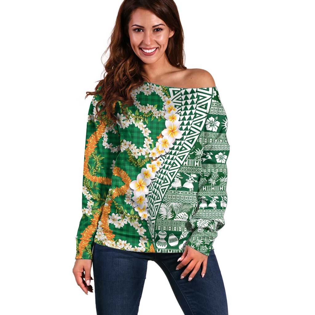 Hawaiian Plumeria Lei Off Shoulder Sweater Kakau Motifs and Palaka Half Style Green Color LT03 Women Green - Polynesian Pride