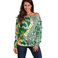 Hawaiian Plumeria Lei Off Shoulder Sweater Kakau Motifs and Palaka Half Style Green Color LT03 Women Green - Polynesian Pride