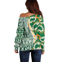 Hawaiian Plumeria Lei Off Shoulder Sweater Kakau Motifs and Palaka Half Style Green Color LT03 - Polynesian Pride