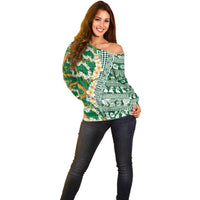 Hawaiian Plumeria Lei Off Shoulder Sweater Kakau Motifs and Palaka Half Style Green Color LT03 - Polynesian Pride