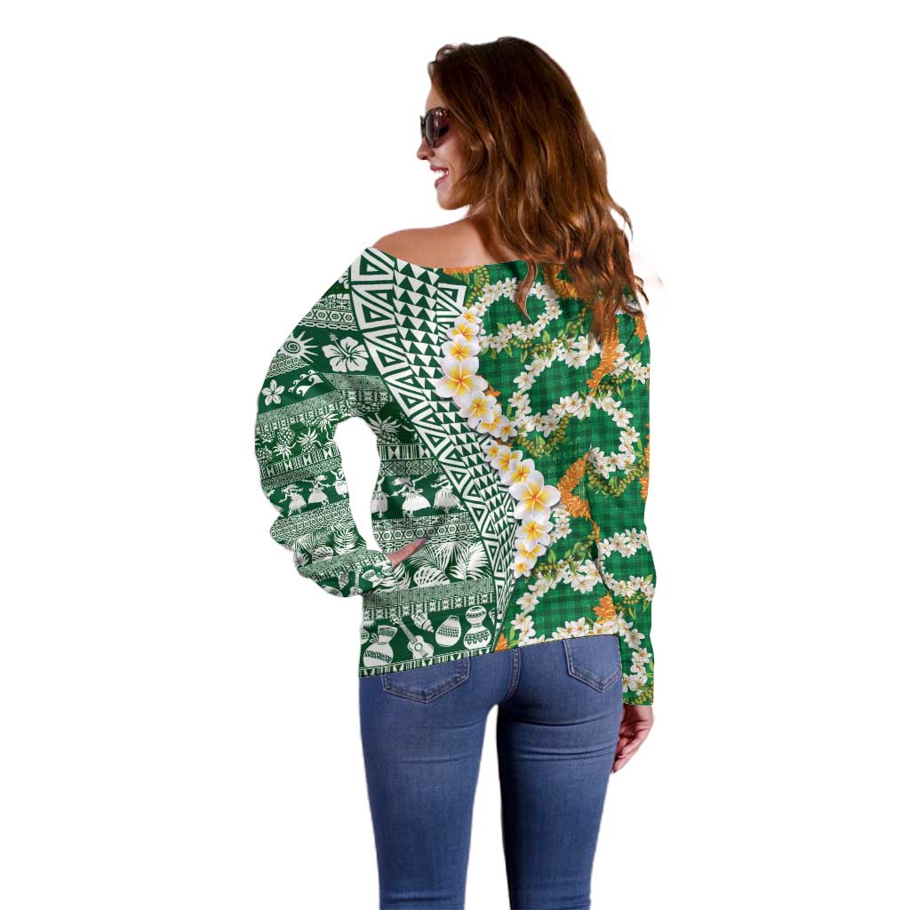 Hawaiian Plumeria Lei Off Shoulder Sweater Kakau Motifs and Palaka Half Style Green Color LT03 - Polynesian Pride