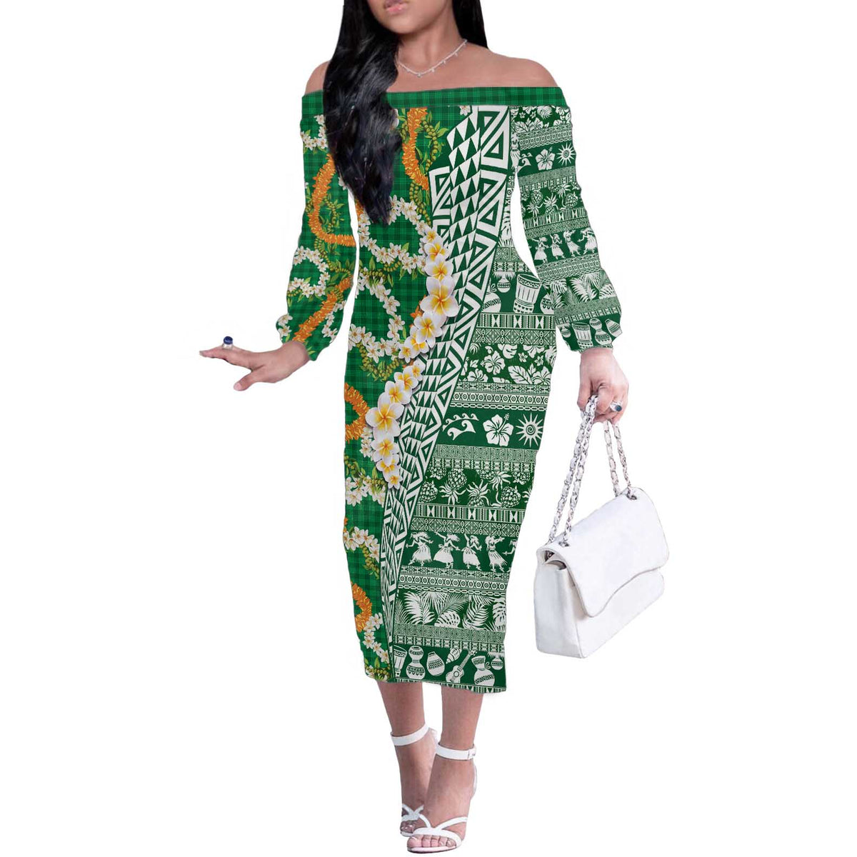 Hawaiian Plumeria Lei Off The Shoulder Long Sleeve Dress Kakau Motifs and Palaka Half Style Green Color LT03 Women Green - Polynesian Pride