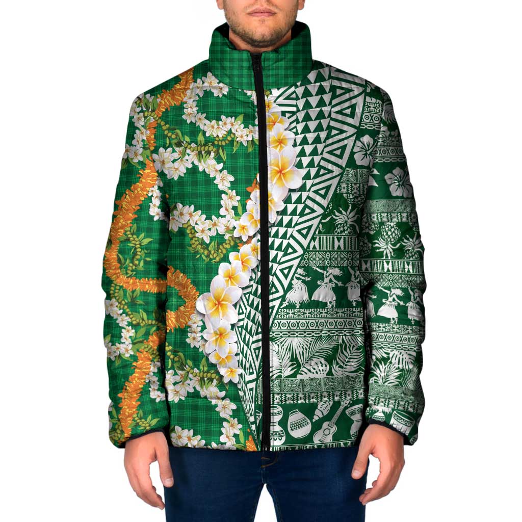 Hawaiian Plumeria Lei Padded Jacket Kakau Motifs and Palaka Half Style Green Color LT03 Men Green - Polynesian Pride