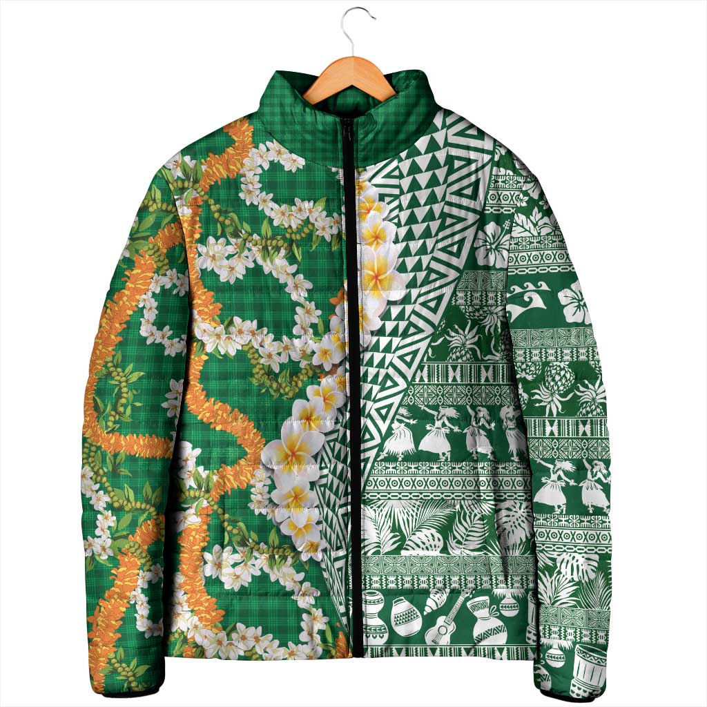 Hawaiian Plumeria Lei Padded Jacket Kakau Motifs and Palaka Half Style Green Color LT03 - Polynesian Pride