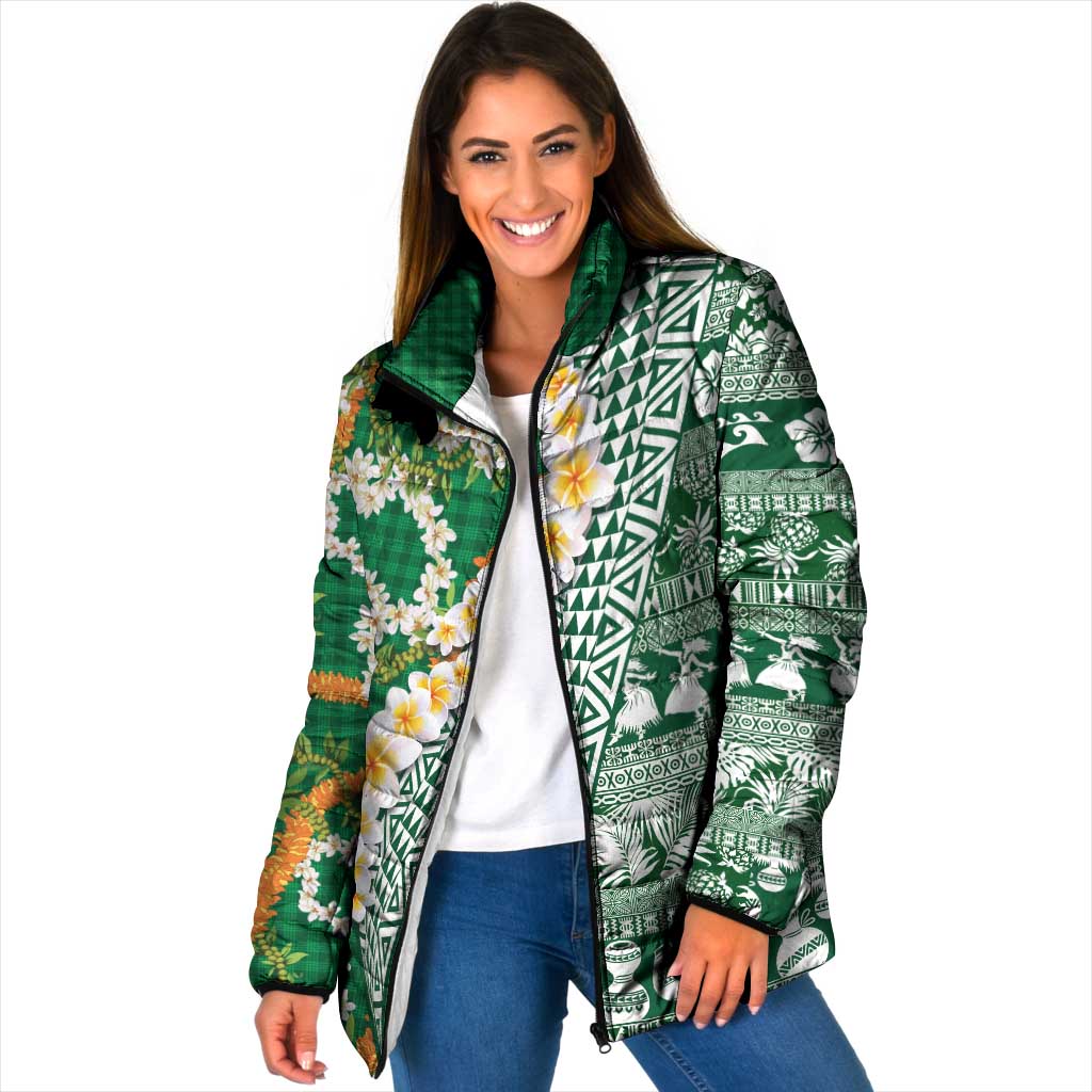 Hawaiian Plumeria Lei Padded Jacket Kakau Motifs and Palaka Half Style Green Color LT03 Women Green - Polynesian Pride