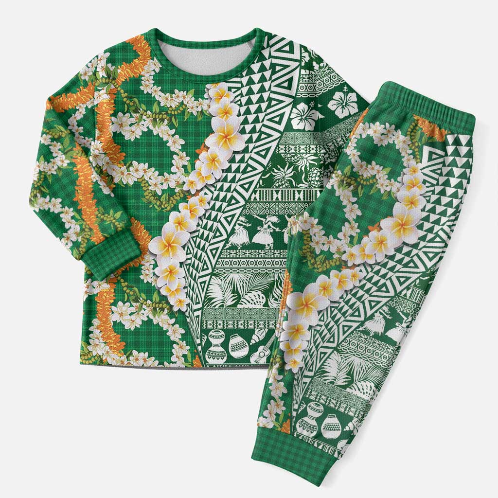 Hawaiian Plumeria Lei Christmas Pajama Set Kakau Motifs and Palaka Half Style Green Color LT03 Men Green - Polynesian Pride