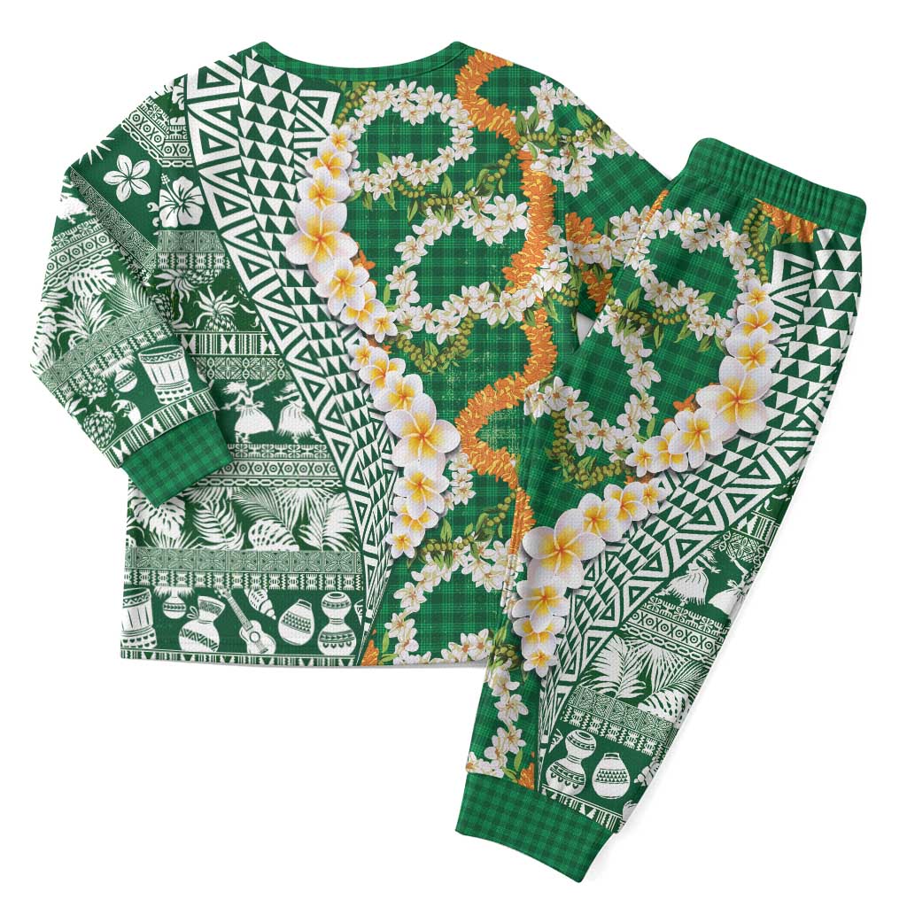 Hawaiian Plumeria Lei Christmas Pajama Set Kakau Motifs and Palaka Half Style Green Color LT03 - Polynesian Pride