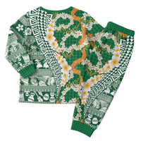 Hawaiian Plumeria Lei Christmas Pajama Set Kakau Motifs and Palaka Half Style Green Color LT03 - Polynesian Pride
