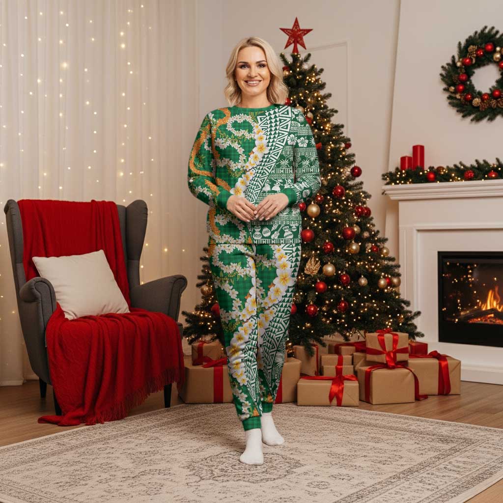 Hawaiian Plumeria Lei Christmas Pajama Set Kakau Motifs and Palaka Half Style Green Color LT03 Women Green - Polynesian Pride