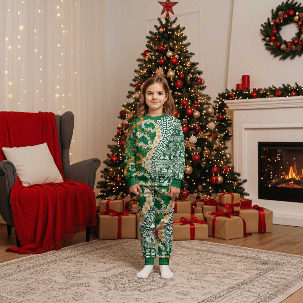 Hawaiian Plumeria Lei Christmas Pajama Set Kakau Motifs and Palaka Half Style Green Color LT03 Kid Green - Polynesian Pride